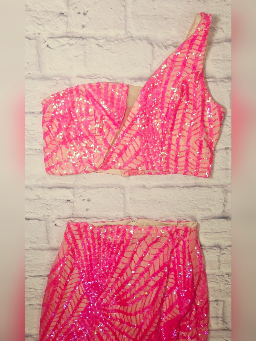 Neon Pink Sequin Two Piece Formal Set One Shoulder Crop Top Maxi Skirt - Picture 6 of 14
